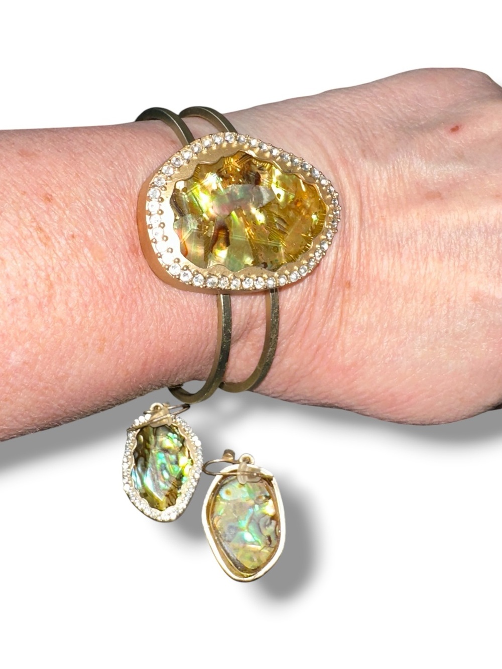Hinged Cuff Bracelet with Matching Earrings Iridescent Abalone and Crystal